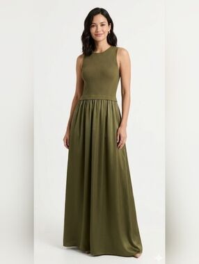 Taylor Olive Green Sleeveless Knit-to-Satin Maxi Dress, Size S